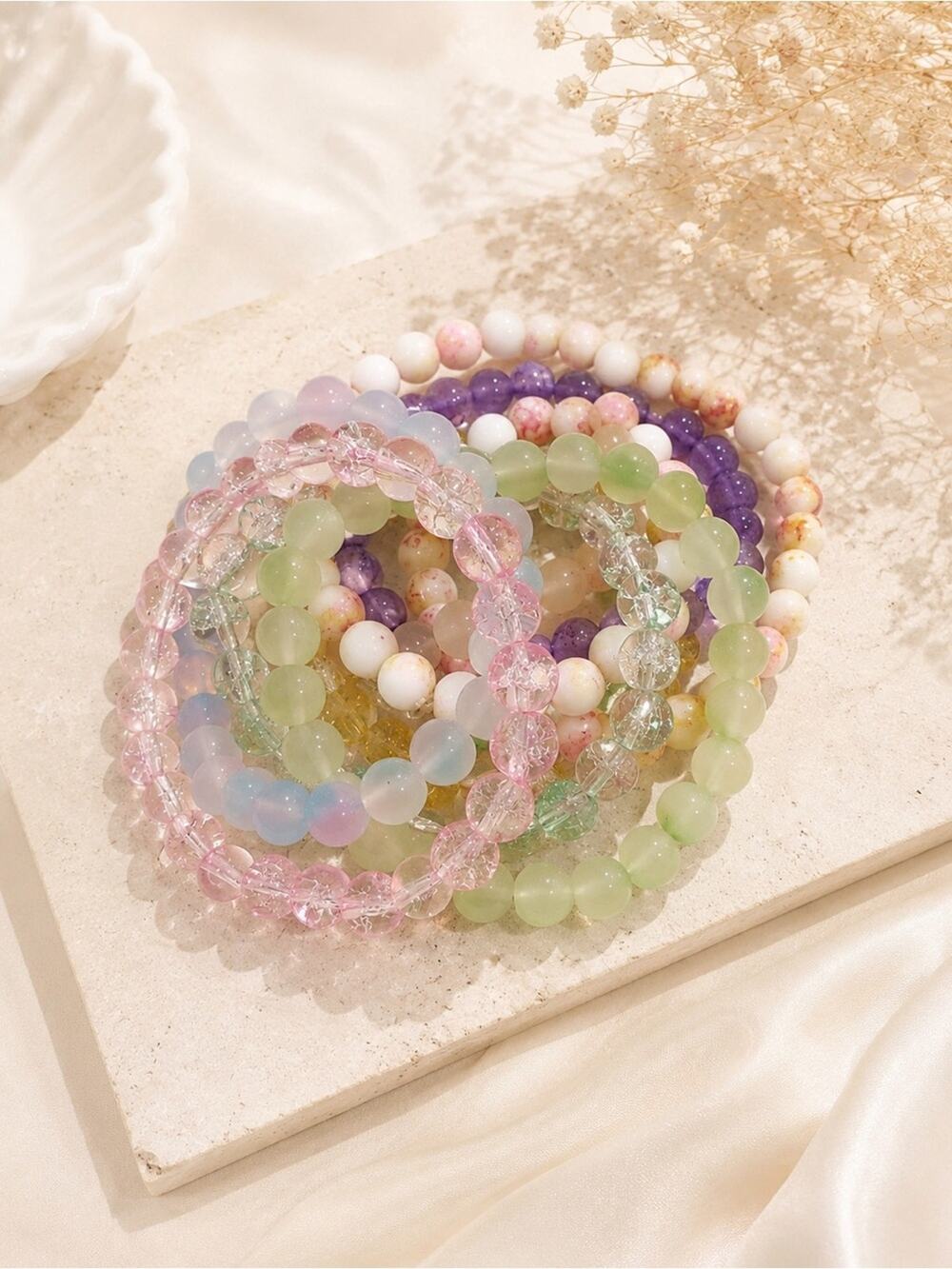 10 piece cure bundle lot Pastel bead Stretch Bracelet Set pink mint stack preppy